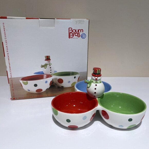 Baum Bros Holiday Condiment Serving Dish 3 Section Snowman Winter Wonderland NEW - Picture 1 of 10